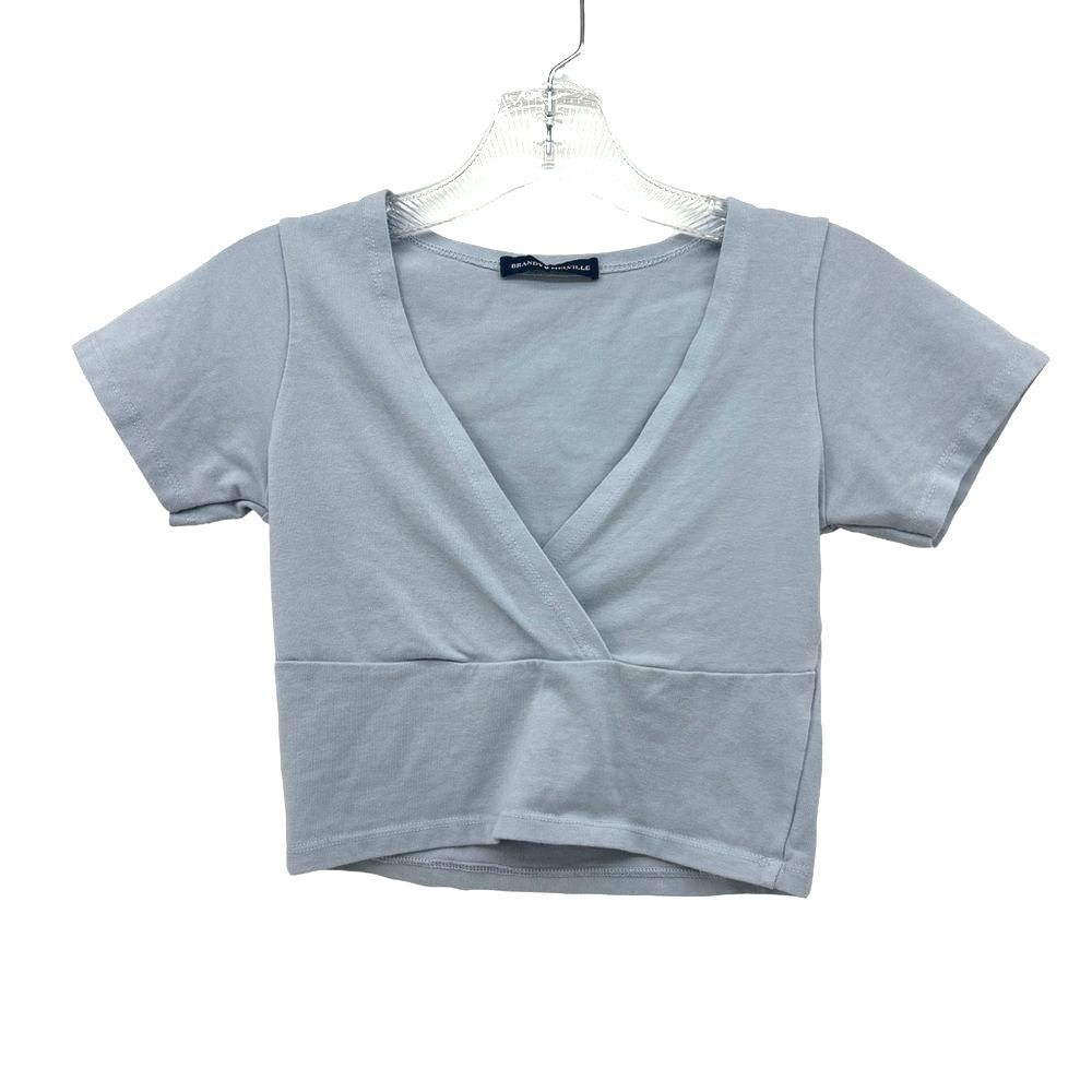 Brandy Melville Amara Top; Baby Blue Basic V-Neck Cross Over Cropped Tee